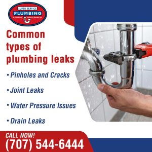 How to Detect Leaks and Execute DIY Plumbing Repair Like a Pro 6 A person uses a wrench to tighten a pipe joint under a sink. Text lists common types of plumbing leaks: pinholes and cracks, joint leaks, water pressure issues, and drain leaks. For expert plumbing repair or leak detection, call the number shown.
