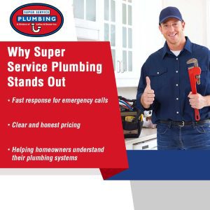 How to Detect Leaks and Execute DIY Plumbing Repair Like a Pro 7 A plumber in a blue uniform and cap holds a red pipe wrench and gives a thumbs-up. Next to him is a list of reasons why Super Service Plumbing stands out, from fast response to helpful service—and expertise in plumbing repair and detecting leaks.