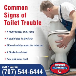 A plumber in overalls kneels beside a slow-flushing toilet in a bathroom. Text lists common signs of toilet trouble and tips for preventing clogs, along with a phone number and plumbing company logo in the bottom right corner.