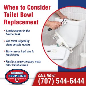 A person uses a wrench to remove the lid from a slow-flushing toilet tank. To the left, text lists signs for toilet bowl replacement—cracks, frequent clogs, high water use—and tips for preventing clogs. A plumbing company’s contact information is shown.