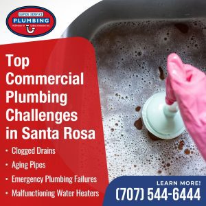 A gloved hand uses a plunger in a soapy sink. Text overlays list common commercial plumbing challenges in Santa Rosa, a plumbing company logo, and a contact phone number.