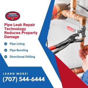 A person uses a wrench to tighten copper pipes. Text promotes pipe leak repair services, listing pipe lining, pipe bursting, and directional drilling, with a phone number and company logo visible.