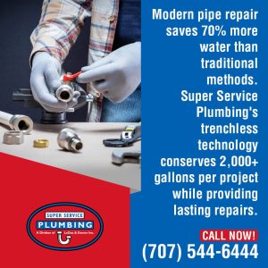Close-up of a plumber using modern tools for a pipe repair. The text promotes trenchless technology, stating it saves 70% more water and conserves over 2,000 gallons per project compared to traditional methods.