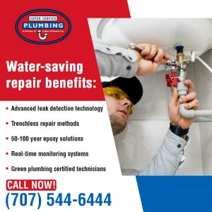 A plumber wearing safety glasses works on a water line under a sink. The graphic lists water-saving repair benefits like advanced leak detection, trenchless repair methods, and green plumbing certified technicians.