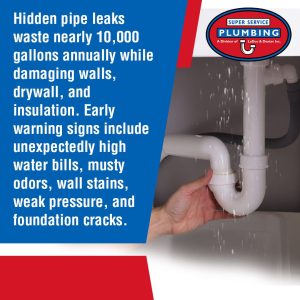 Don't Wait for a Flood: Super Service Plumbing on Spotting Hidden Pipe Leaks Early 6 A hand checks a leaking white pipe under a sink with water dripping. Text explains hidden pipe leaks can waste 10,000 gallons yearly and lists warning signs like high water bills, musty odors, and wall stains.