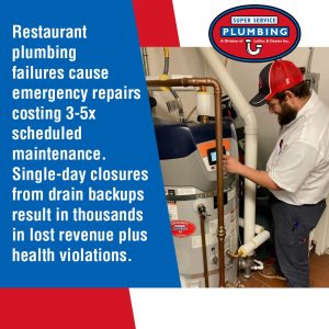 Super Service Plumbing Explains The Hidden Costs of Ignoring Plumbing Issues in Commercial Kitchens 2 A plumber in a uniform inspects and works on pipes connected to a water heater. A blue box with white text discusses the high costs and risks of restaurant plumbing failures and emergency repairs.