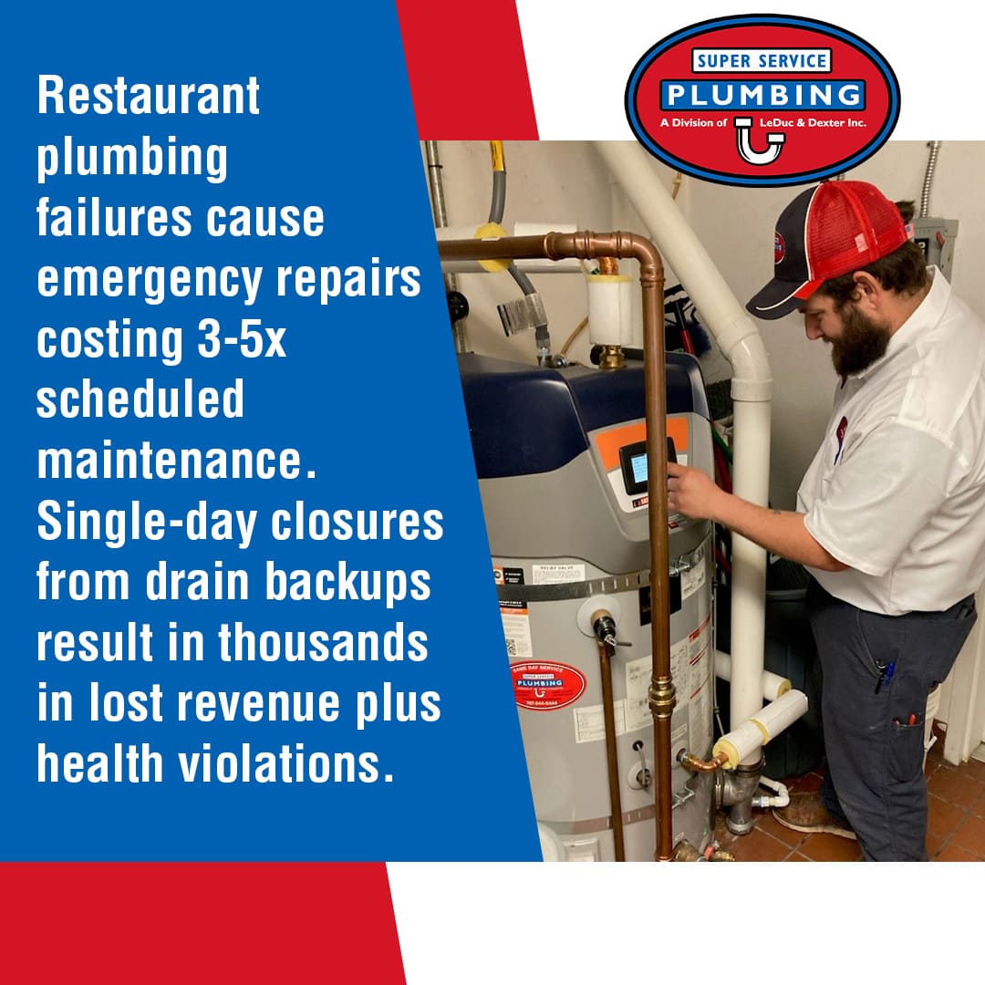 A plumber in a uniform inspects and works on pipes connected to a water heater. A blue box with white text discusses the high costs and risks of restaurant plumbing failures and emergency repairs. A plumber in a uniform inspects and works on pipes connected to a water heater. A blue box with white text discusses the high costs and risks of restaurant plumbing failures and emergency repairs.
