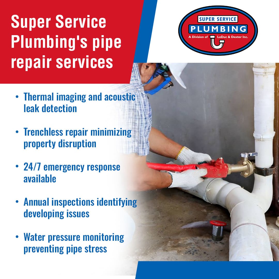 A worker wearing a helmet and gloves inspects and works on indoor plumbing pipes. Text highlights Super Service Plumbing’s pipe repair services and lists features such as leak detection, trenchless repair, and emergency response. A worker wearing a helmet and gloves inspects and works on indoor plumbing pipes. Text highlights Super Service Plumbing's pipe repair services and lists features such as leak detection, trenchless repair, and emergency response.